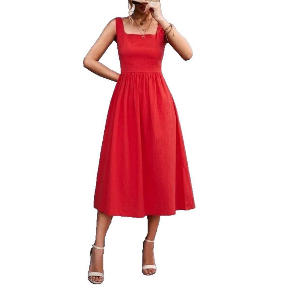 Lapentry Red Square Neck Sleeveless Midi Dress Size XL